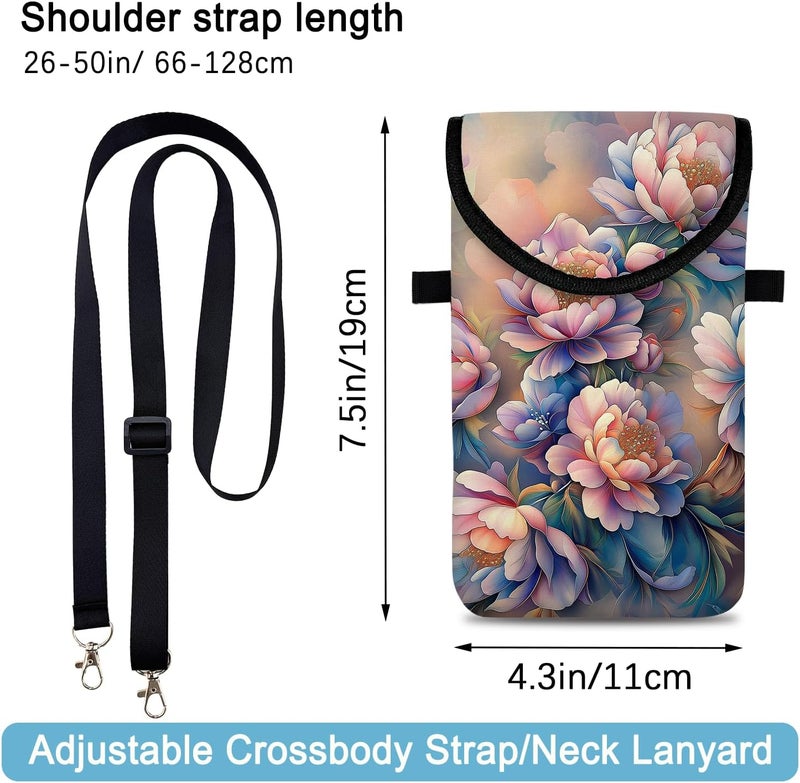 otilil Neoprene Cell Phone Sleeve Pouch Case Bag with Crossbody Strap Neck Lanyard for Women 7.5 X 4.3 in Rich Flower - Image 2
